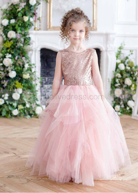Rose Gold Sequin Pink Tulle Flower Girl Dress